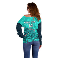 Personalised Australia Soccer Off Shoulder Sweater Aboriginal Turquoise 2023 World Cup With Kangaroo - Wonder Print Shop