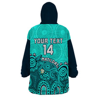 Personalised Australia Soccer Wearable Blanket Hoodie Aboriginal Turquoise 2023 World Cup With Kangaroo - Wonder Print Shop
