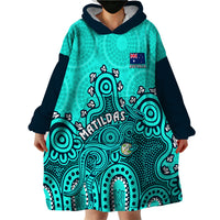 Personalised Australia Soccer Wearable Blanket Hoodie Aboriginal Turquoise 2023 World Cup With Kangaroo - Wonder Print Shop