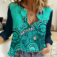 Personalised Australia Soccer Women Casual Shirt Aboriginal Turquoise 2023 World Cup With Kangaroo - Wonder Print Shop