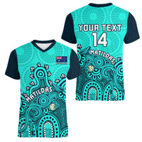 Personalised Australia Soccer Women V Neck T Shirt Aboriginal Turquoise 2023 World Cup With Kangaroo - Wonder Print Shop