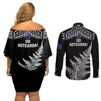 New Zealand Silver Fern Rugby Couples Matching Off Shoulder Short Dress and Long Sleeve Button Shirts Go All Black 2023 World Cup - Wonder Print Shop