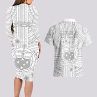 Samoa White Sunday Couples Matching Long Sleeve Bodycon Dress and Hawaiian Shirt Manuia le Aso Sa o Tamaiti Polynesian Plumeria - Wonder Print Shop