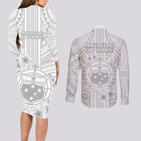 Samoa White Sunday Couples Matching Long Sleeve Bodycon Dress and Long Sleeve Button Shirts Manuia le Aso Sa o Tamaiti Polynesian Plumeria - Wonder Print Shop