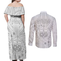 Samoa White Sunday Couples Matching Off Shoulder Maxi Dress and Long Sleeve Button Shirts Manuia le Aso Sa o Tamaiti Polynesian Plumeria - Wonder Print Shop