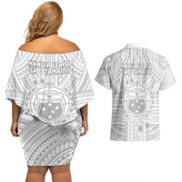 Samoa White Sunday Couples Matching Off Shoulder Short Dress and Hawaiian Shirt Manuia le Aso Sa o Tamaiti Polynesian Plumeria - Wonder Print Shop