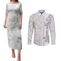 Samoa White Sunday Couples Matching Puletasi Dress and Long Sleeve Button Shirts Manuia le Aso Sa o Tamaiti Polynesian Plumeria - Wonder Print Shop