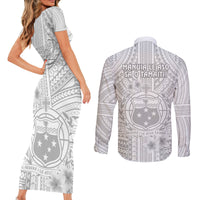 Samoa White Sunday Couples Matching Short Sleeve Bodycon Dress and Long Sleeve Button Shirts Manuia le Aso Sa o Tamaiti Polynesian Plumeria - Wonder Print Shop