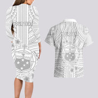 Personalised Samoa White Sunday Couples Matching Long Sleeve Bodycon Dress and Hawaiian Shirt Manuia le Aso Sa o Tamaiti Polynesian Plumeria - Wonder Print Shop
