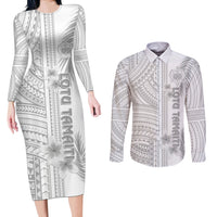 Personalised Samoa White Sunday Couples Matching Long Sleeve Bodycon Dress and Long Sleeve Button Shirts Manuia le Aso Sa o Tamaiti Polynesian Plumeria - Wonder Print Shop
