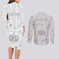 Personalised Samoa White Sunday Couples Matching Long Sleeve Bodycon Dress and Long Sleeve Button Shirts Manuia le Aso Sa o Tamaiti Polynesian Plumeria - Wonder Print Shop