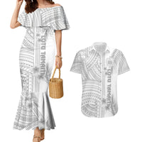 Personalised Samoa White Sunday Couples Matching Mermaid Dress and Hawaiian Shirt Manuia le Aso Sa o Tamaiti Polynesian Plumeria - Wonder Print Shop
