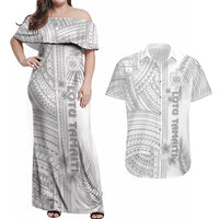 Personalised Samoa White Sunday Couples Matching Off Shoulder Maxi Dress and Hawaiian Shirt Manuia le Aso Sa o Tamaiti Polynesian Plumeria - Wonder Print Shop
