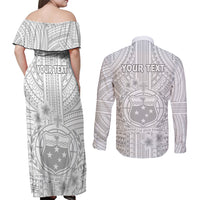 Personalised Samoa White Sunday Couples Matching Off Shoulder Maxi Dress and Long Sleeve Button Shirts Manuia le Aso Sa o Tamaiti Polynesian Plumeria - Wonder Print Shop