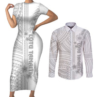 Personalised Samoa White Sunday Couples Matching Short Sleeve Bodycon Dress and Long Sleeve Button Shirts Manuia le Aso Sa o Tamaiti Polynesian Plumeria - Wonder Print Shop