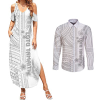 Personalised Samoa White Sunday Couples Matching Summer Maxi Dress and Long Sleeve Button Shirts Manuia le Aso Sa o Tamaiti Polynesian Plumeria - Wonder Print Shop