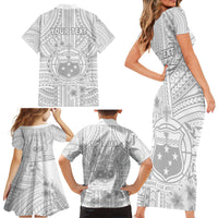 Personalised Samoa White Sunday Family Matching Short Sleeve Bodycon Dress and Hawaiian Shirt Manuia le Aso Sa o Tamaiti Polynesian Plumeria - Wonder Print Shop