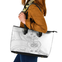 Personalised Samoa White Sunday Leather Tote Bag Manuia le Aso Sa o Tamaiti Polynesian Plumeria - Wonder Print Shop