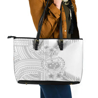 Personalised Samoa White Sunday Leather Tote Bag Manuia le Aso Sa o Tamaiti Polynesian Plumeria - Wonder Print Shop