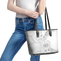 Personalised Samoa White Sunday Leather Tote Bag Manuia le Aso Sa o Tamaiti Polynesian Plumeria - Wonder Print Shop