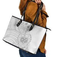 Personalised Samoa White Sunday Leather Tote Bag Manuia le Aso Sa o Tamaiti Polynesian Plumeria - Wonder Print Shop