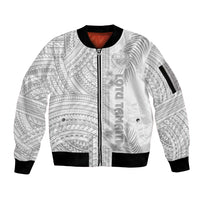 Personalised Samoa White Sunday Sleeve Zip Bomber Jacket Manuia le Aso Sa o Tamaiti Polynesian Plumeria - Wonder Print Shop