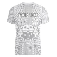 Personalised Samoa White Sunday Women V Neck T Shirt Manuia le Aso Sa o Tamaiti Polynesian Plumeria - Wonder Print Shop