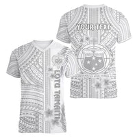 Personalised Samoa White Sunday Women V Neck T Shirt Manuia le Aso Sa o Tamaiti Polynesian Plumeria - Wonder Print Shop