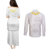 Samoa White Sunday Couples Matching Puletasi Dress and Long Sleeve Button Shirts Lotu Tamaiti 2023 With Coat Of Arms - Wonder Print Shop