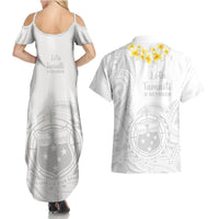 Samoa White Sunday Couples Matching Summer Maxi Dress and Hawaiian Shirt Lotu Tamaiti 2023 With Coat Of Arms - Wonder Print Shop