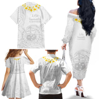 Samoa White Sunday Family Matching Off Shoulder Long Sleeve Dress and Hawaiian Shirt Lotu Tamaiti 2023 With Coat Of Arms - Wonder Print Shop