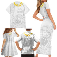 Samoa White Sunday Family Matching Short Sleeve Bodycon Dress and Hawaiian Shirt Lotu Tamaiti 2023 With Coat Of Arms - Wonder Print Shop