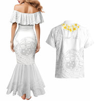 Personalised Samoa White Sunday Couples Matching Mermaid Dress and Hawaiian Shirt Lotu Tamaiti 2023 With Coat Of Arms - Wonder Print Shop