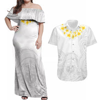 Personalised Samoa White Sunday Couples Matching Off Shoulder Maxi Dress and Hawaiian Shirt Lotu Tamaiti 2023 With Coat Of Arms - Wonder Print Shop