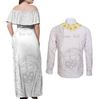 Personalised Samoa White Sunday Couples Matching Off Shoulder Maxi Dress and Long Sleeve Button Shirts Lotu Tamaiti 2023 With Coat Of Arms - Wonder Print Shop