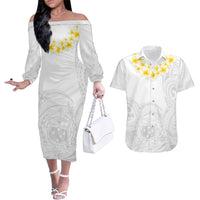 Personalised Samoa White Sunday Couples Matching Off The Shoulder Long Sleeve Dress and Hawaiian Shirt Lotu Tamaiti 2023 With Coat Of Arms - Wonder Print Shop