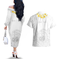 Personalised Samoa White Sunday Couples Matching Off The Shoulder Long Sleeve Dress and Hawaiian Shirt Lotu Tamaiti 2023 With Coat Of Arms - Wonder Print Shop