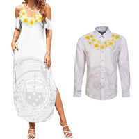 Personalised Samoa White Sunday Couples Matching Summer Maxi Dress and Long Sleeve Button Shirts Lotu Tamaiti 2023 With Coat Of Arms - Wonder Print Shop