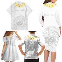 Personalised Samoa White Sunday Family Matching Long Sleeve Bodycon Dress and Hawaiian Shirt Lotu Tamaiti 2023 With Coat Of Arms - Wonder Print Shop