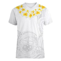 Personalised Samoa White Sunday Women V Neck T Shirt Lotu Tamaiti 2023 With Coat Of Arms - Wonder Print Shop