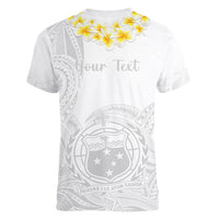 Personalised Samoa White Sunday Women V Neck T Shirt Lotu Tamaiti 2023 With Coat Of Arms - Wonder Print Shop
