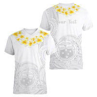 Personalised Samoa White Sunday Women V Neck T Shirt Lotu Tamaiti 2023 With Coat Of Arms - Wonder Print Shop