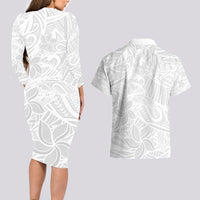 Polynesia White Sunday Couples Matching Long Sleeve Bodycon Dress and Hawaiian Shirt Polynesian Pattern With Tropical Flowers - Wonder Print Shop