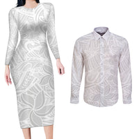 Polynesia White Sunday Couples Matching Long Sleeve Bodycon Dress and Long Sleeve Button Shirts Polynesian Pattern With Tropical Flowers - Wonder Print Shop