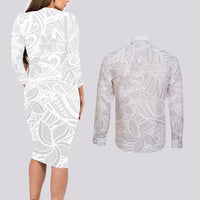Polynesia White Sunday Couples Matching Long Sleeve Bodycon Dress and Long Sleeve Button Shirts Polynesian Pattern With Tropical Flowers - Wonder Print Shop