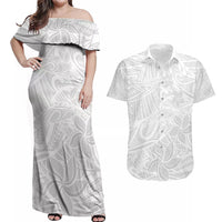 Polynesia White Sunday Couples Matching Off Shoulder Maxi Dress and Hawaiian Shirt Polynesian Pattern With Tropical Flowers - Wonder Print Shop