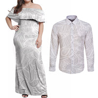 Polynesia White Sunday Couples Matching Off Shoulder Maxi Dress and Long Sleeve Button Shirts Polynesian Pattern With Tropical Flowers - Wonder Print Shop