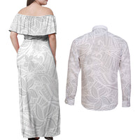 Polynesia White Sunday Couples Matching Off Shoulder Maxi Dress and Long Sleeve Button Shirts Polynesian Pattern With Tropical Flowers - Wonder Print Shop