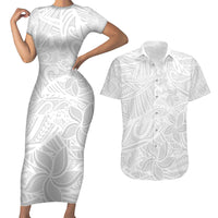 Polynesia White Sunday Couples Matching Short Sleeve Bodycon Dress and Hawaiian Shirt Polynesian Pattern With Tropical Flowers - Wonder Print Shop