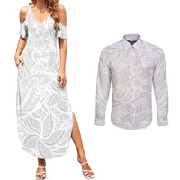 Polynesia White Sunday Couples Matching Summer Maxi Dress and Long Sleeve Button Shirts Polynesian Pattern With Tropical Flowers - Wonder Print Shop